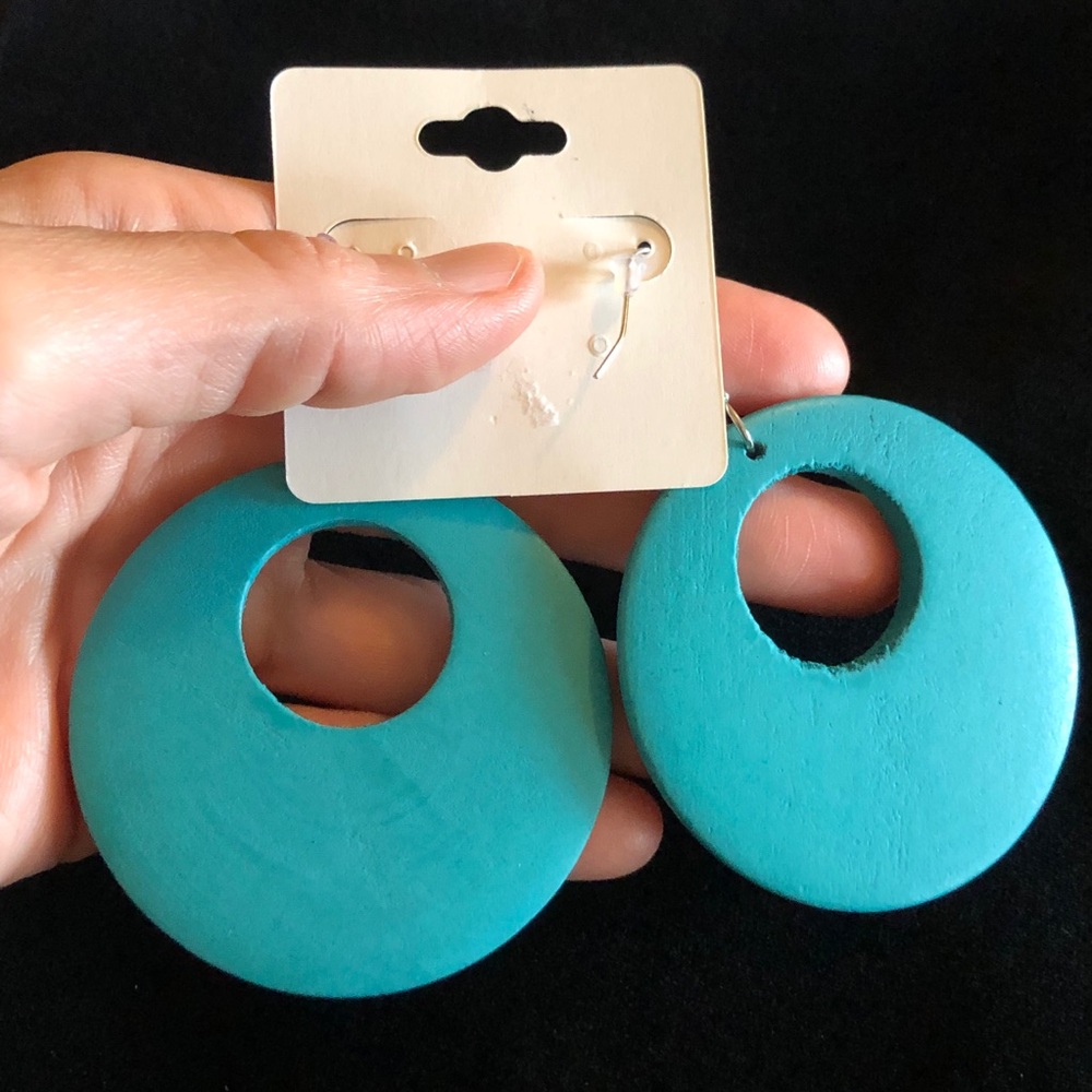 Floral Teal Blue and Tan Round Wooden Earrings - Picture 5 of 7
